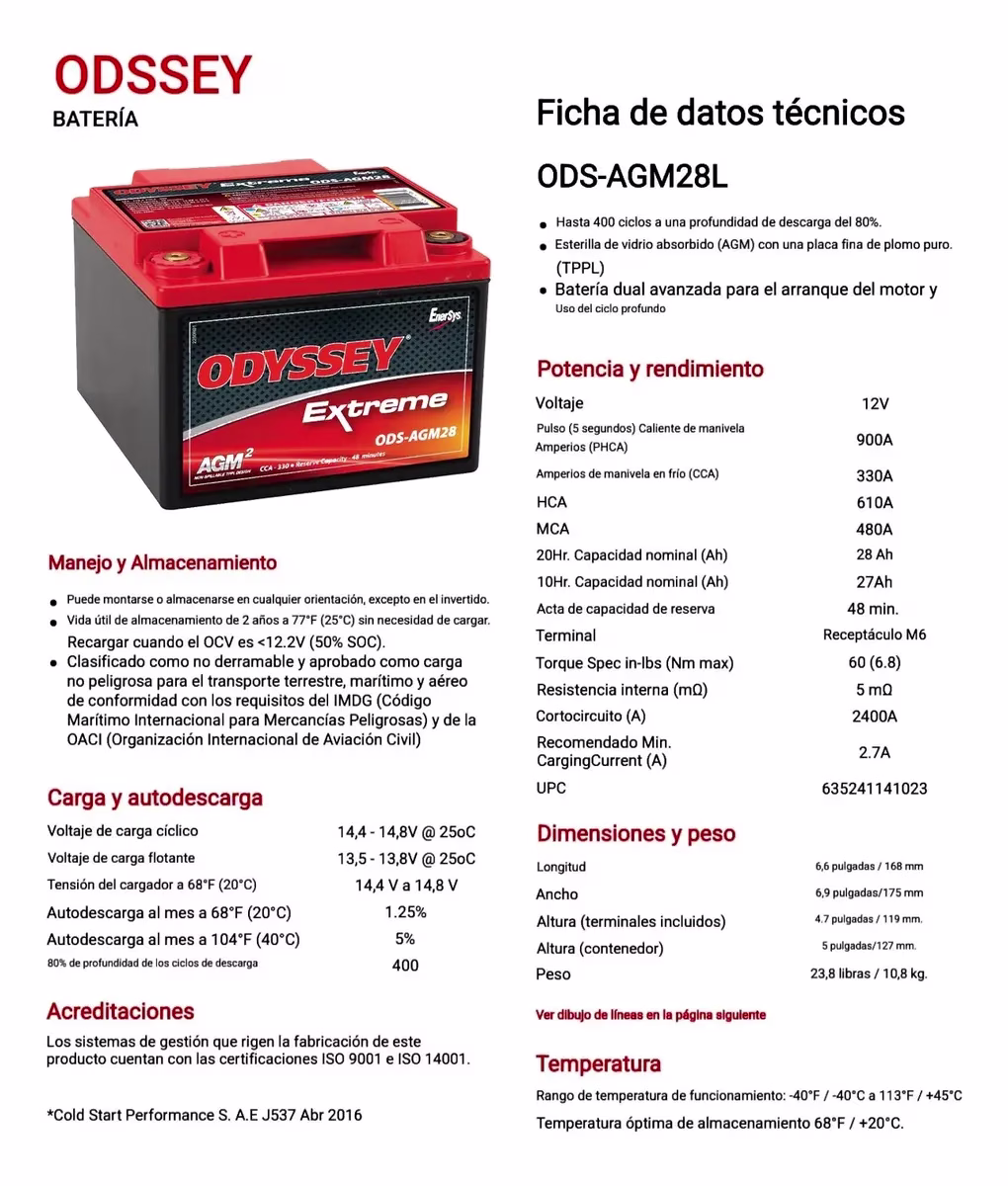 Batería Odyssey Extreme Agm 12v 28ah 330 Cca Competición - Imagen 3